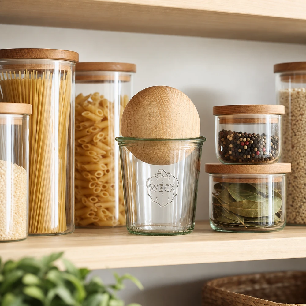WECK Glas 290ml RR80 mit Buchen-Holzkugel in organisierter Vorratskammer zwischen Gewürz- und Nudelbehältern