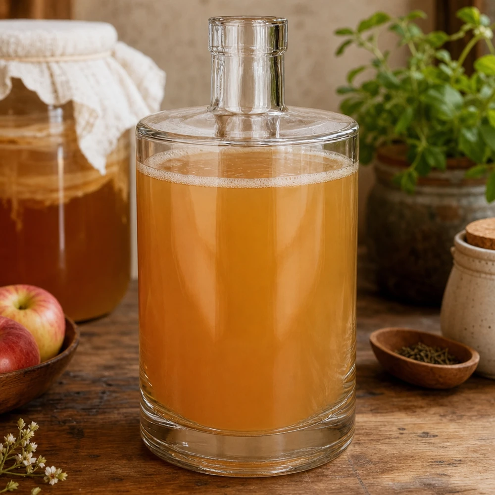 700ml Glasflasche "Galileo" ohne Verschluss UNiTWIST® 700ml Glasflasche Marie mit goldener Flüssigkeit befüllt in rustikaler Küche neben Äpfeln und Gewürzen dekoriert