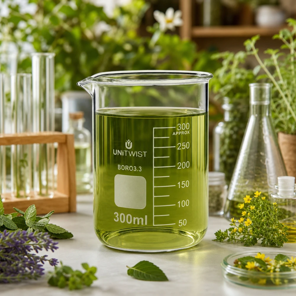 Becherglas 300ml Borosilikat, niedrige Form UNiTWIST UNiTWIST Becherglas niedriger Form 300ml mit gelbgrüner Flüssigkeit in botanischer Laborumgebung