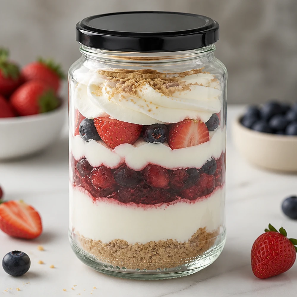 375ml Rundglas mit schwarzem Deckel als Dessertglas für Beeren-Trifle zeigt kreative Verwendung als Portionsglas