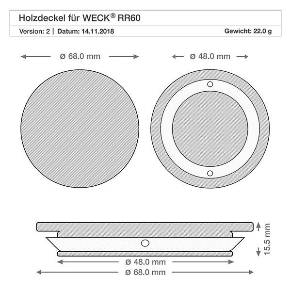 Holzdeckel "Kurkuma" für WECK RR60 Technische Zeichnung WECK Holzdeckel RR60 mit Maßangaben 68mm Außendurchmesser 48mm Innendurchmesser 1,5mm Höhe