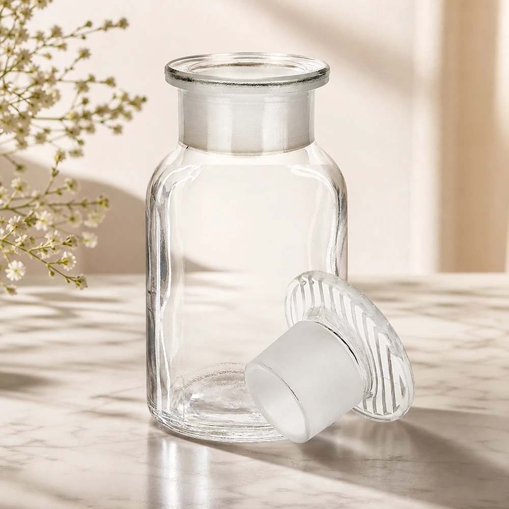 Rundschulterfl. 100ml klar Weithals Glasstopfen Dekorative klare Glasflasche 100ml Rundschulter Weithals mit mattem Stopfen für Gewürze