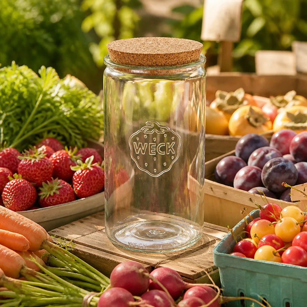 WECK Zylinderglas 1590ml RR100 leer mit Korkdeckel umgeben von frischem Obst und Gemüse auf Holzuntergrund
