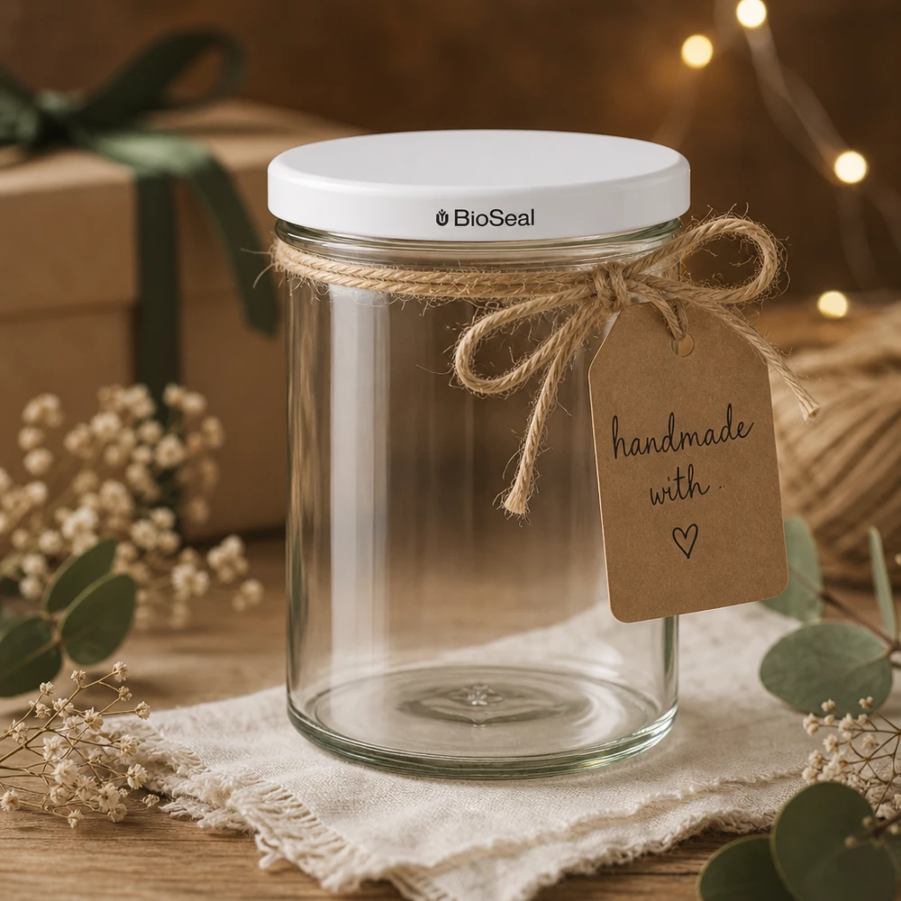 435ml Sturzglas mit BioSeal Deckel weiß UNiTWIST UNiTWIST Sturzglas 435ml als Geschenkverpackung mit Bastschnur und handmade Anhänger zeigt kreative DIY Deko Ideen