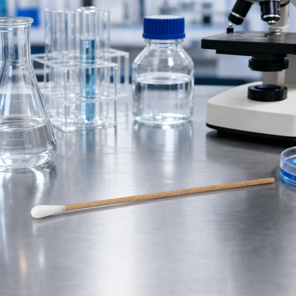 Medizinisches Wattestäbchen unsteril mit naturbraunem Holzstiel für Probenentnahme im Labor