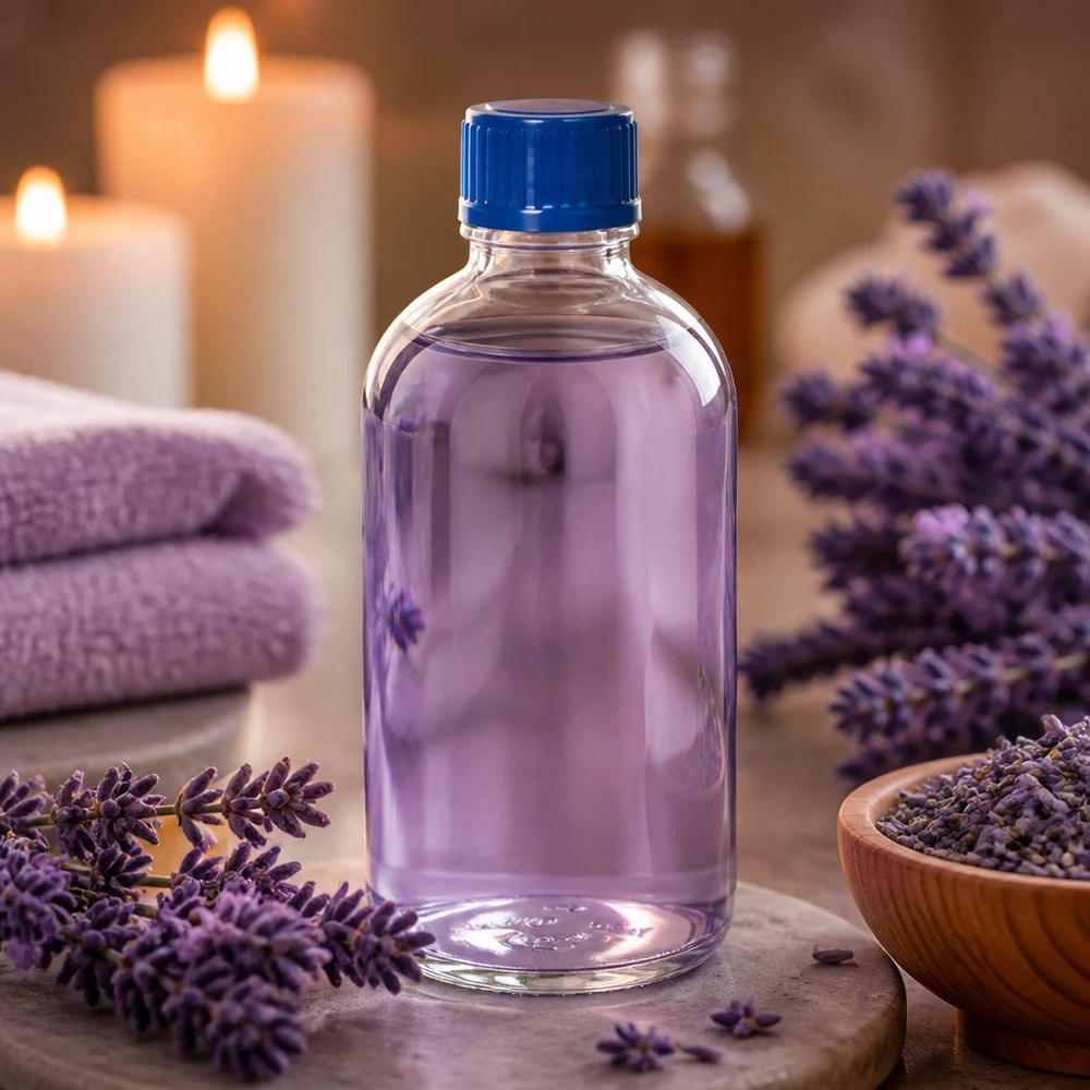 Kleine Ölflasche 100ml ClearLine UT18 transparentes Glas blauer Schraubdeckel Badezimmer