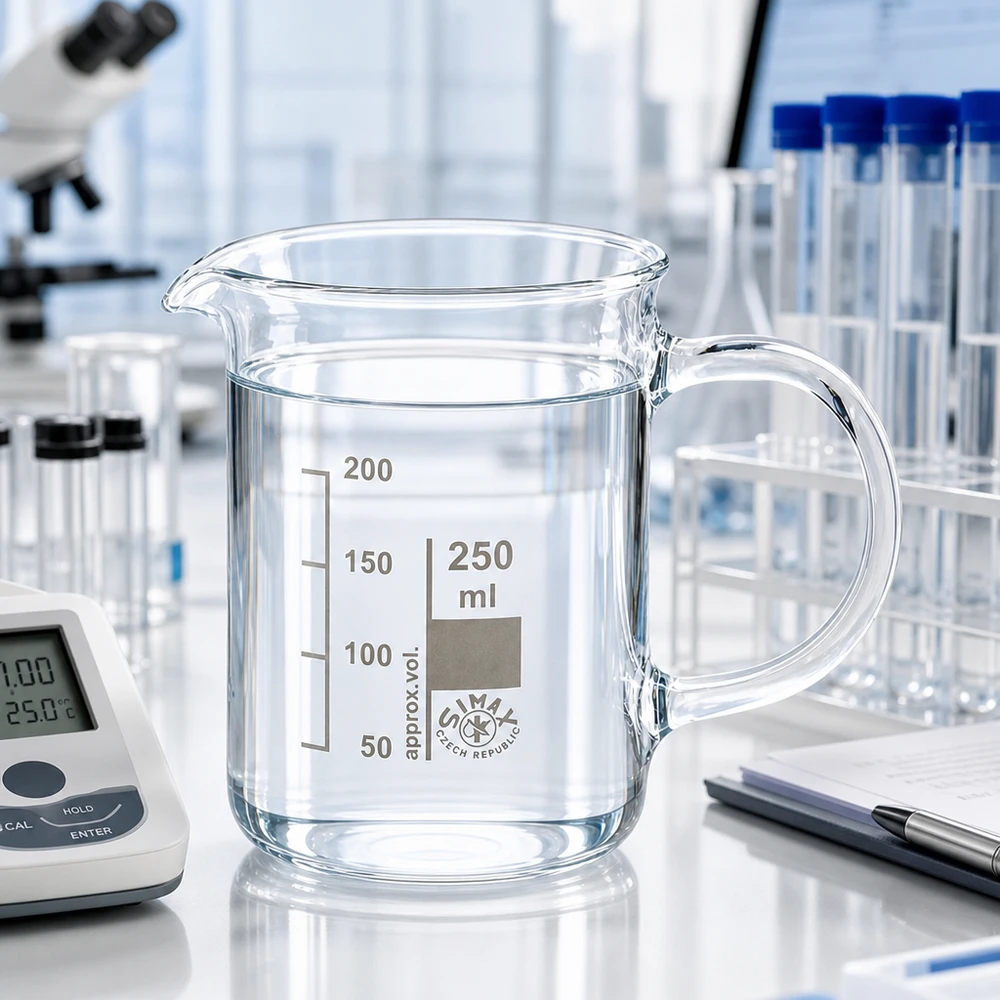 Becherglas 250ml Borosilikatglas, mit Henkel Zylindrisches Laborbecherglas 250ml mit Griff und eingeätzter Volumenskala aus Borosilikatglas