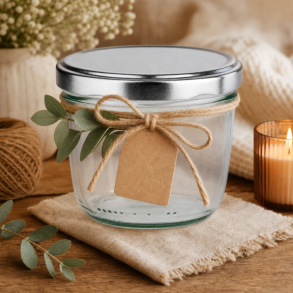 230ml Sturzglas mit BasicSeal Deckel silber UNiTWIST 230ml Sturzglas silber BasicSeal Deckel dekorativ mit Juteschleife Kraftpapier Etikett Geschenkidee rustikal