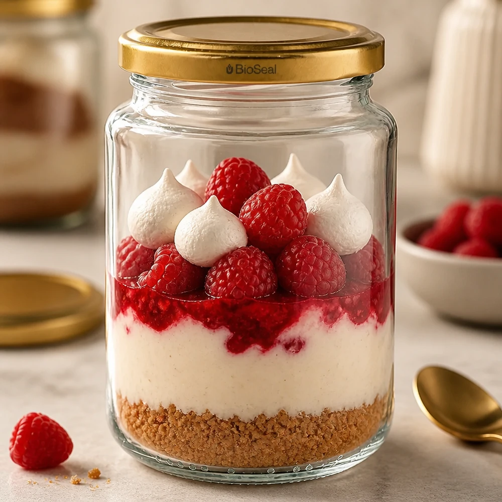 UNiTWIST Runda382 mit goldenem Deckel TO66 BioSeal UNiTWIST Runda382 als Dessertglas mit Himbeeren und Baiser, goldener TO66 BioSeal Deckel, Schichtdessert im Glas
