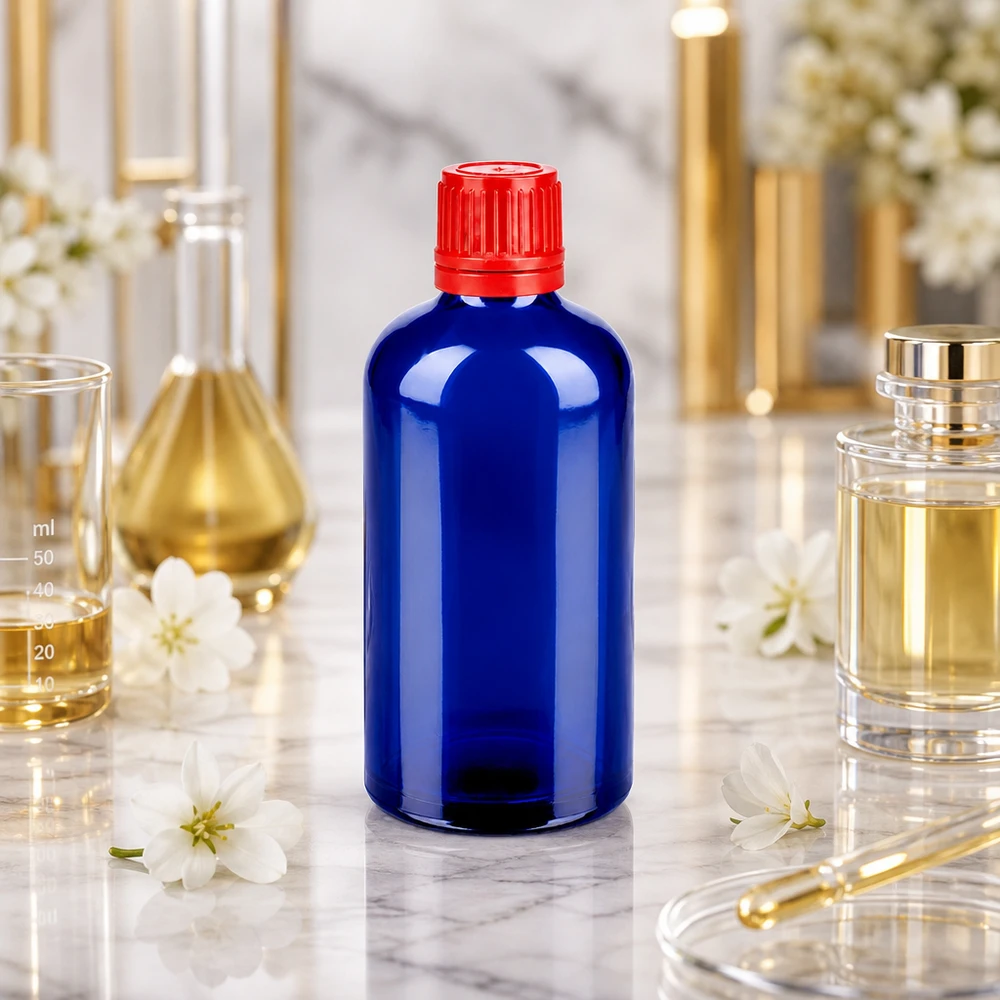 Cobaltblaue 100ml Glasflasche mit ergonomischem Design für einfache Handhabung in Labor