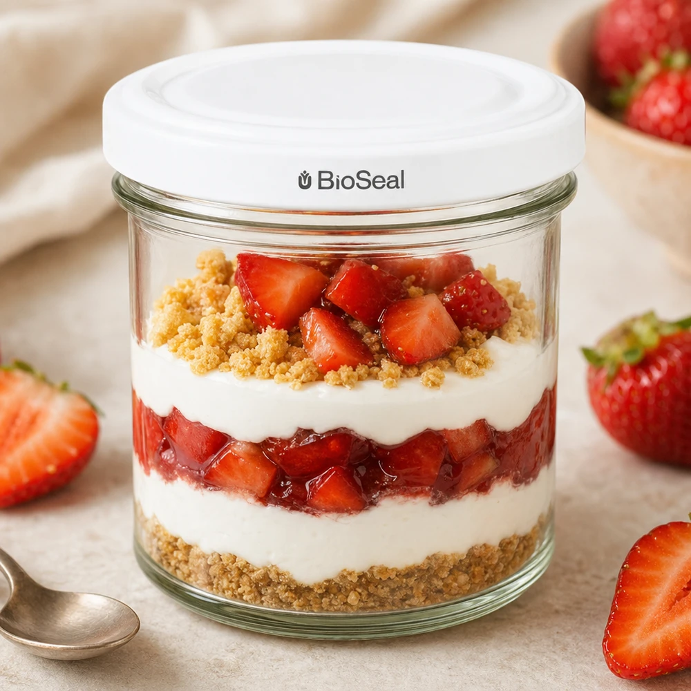 125ml Sturzglas mit BioSeal Deckel weiß UNiTWIST UNiTWIST Sturzglas 125ml Schichtdessert Erdbeeren Joghurt Keksboden TO66 BioSeal Deckel Dessertglas Parfait