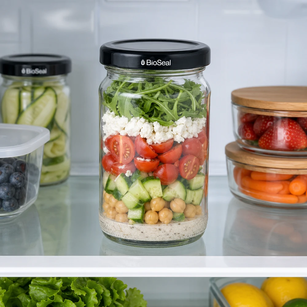 110ml Rundglas + BioSeal Deckel schwarz UNiTWIST UNiTWIST Runda110 Schichtsalat im Kühlschrank mit schwarzem TO48 BioSeal Deckel - Meal Prep Glas für frische Zutaten