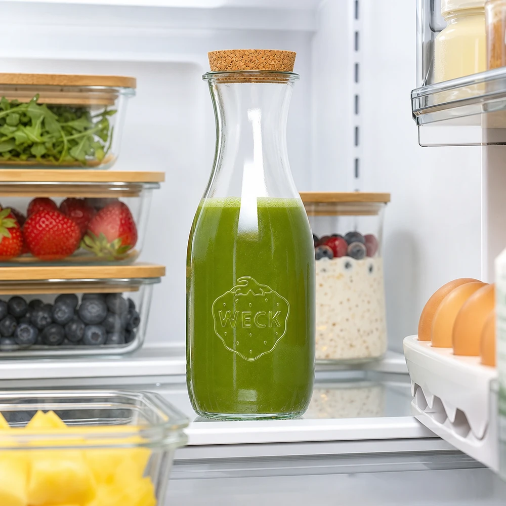 WECK Saftflasche 1062ml mit grünem Smoothie im Kühlschrank zwischen frischen Lebensmitteln und Vorratsbehältern