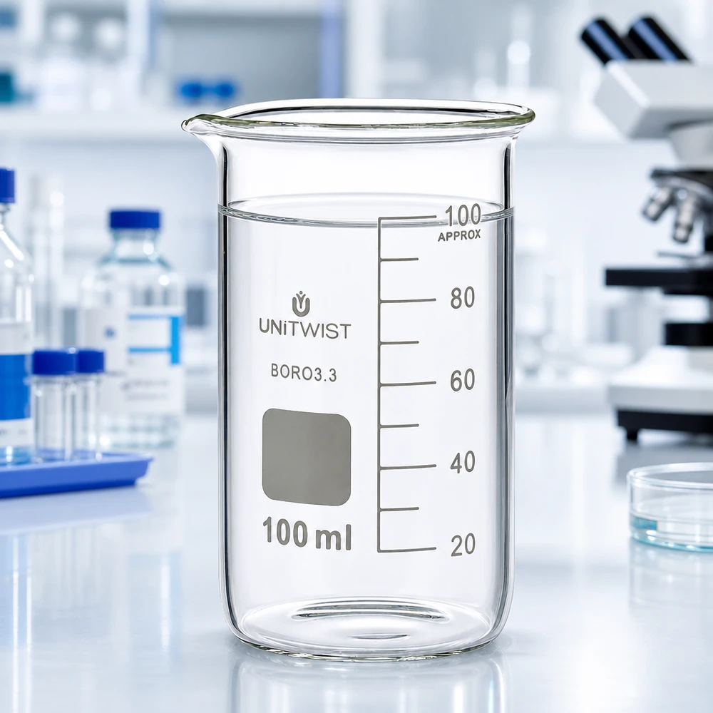 Becherglas 100ml Borosilikat, hohe Form UNiTWIST Becherglas 100ml hohe Form Borosilikat UNITWIST mit Wasserfüllung in professioneller Laborumgebung