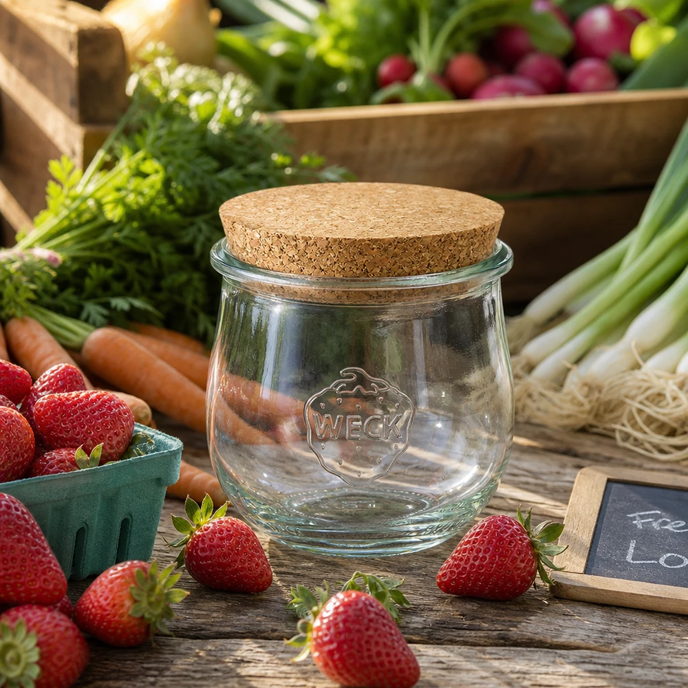 WECK Vorratsglas 370ml RR80 mit Korkverschluss zwischen frischen Erdbeeren und Gemüse auf Holztisch arrangiert