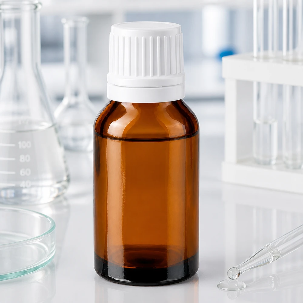Apothekenflasche braun 30ml Schraubverschluss weiß Originalitätsverschluss Apothekerflasche Braunglas 30ml mit weißem Schraubverschluss zwischen Laborgeräten