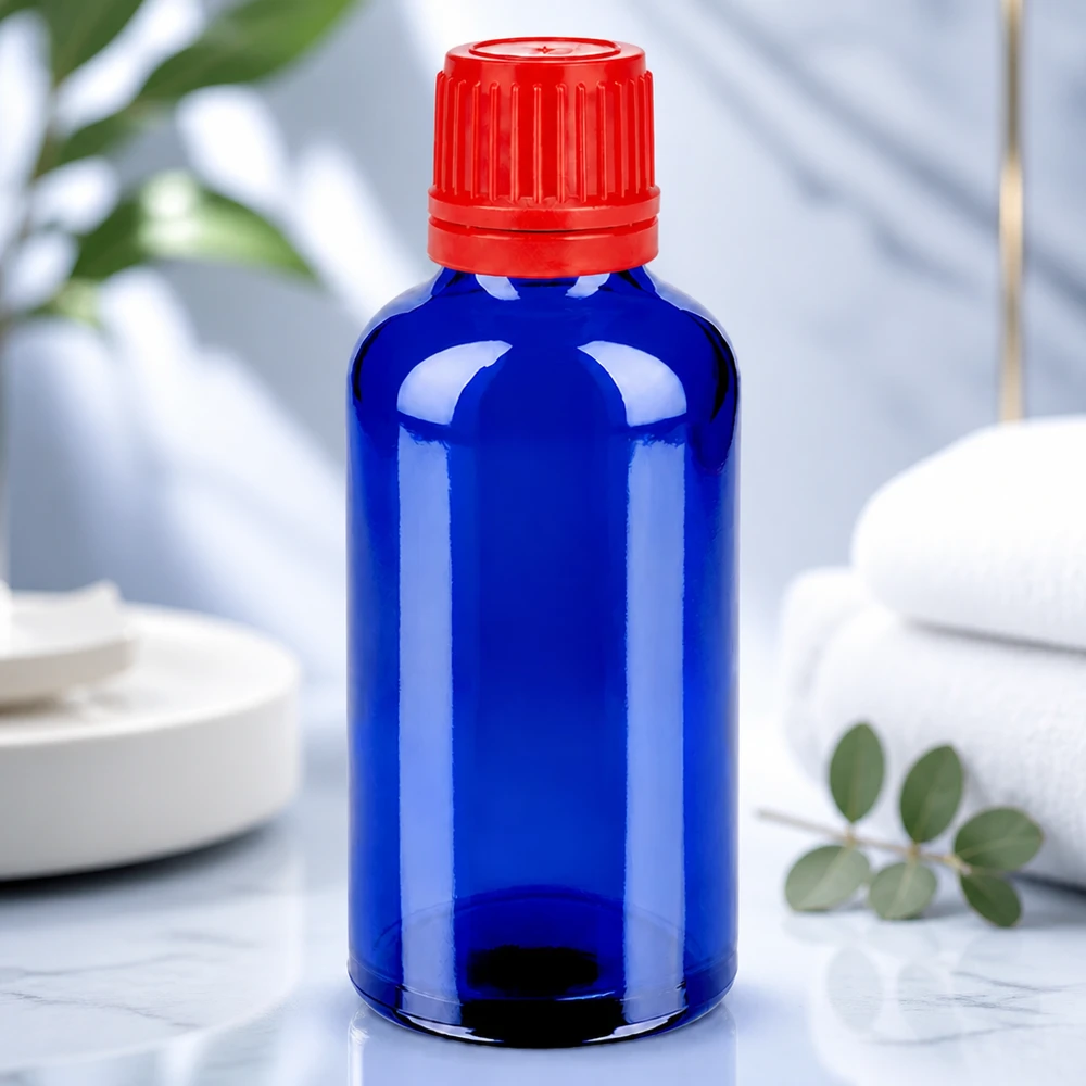 50ml Flasche 11mm Schraubverschluss rot Originalitätsverschluss BlueLine UT18/50 Kosmetik Flasche 50ml kobaltblau mit rotem Verschluss SV 11mm OV BlueLine UT18/50