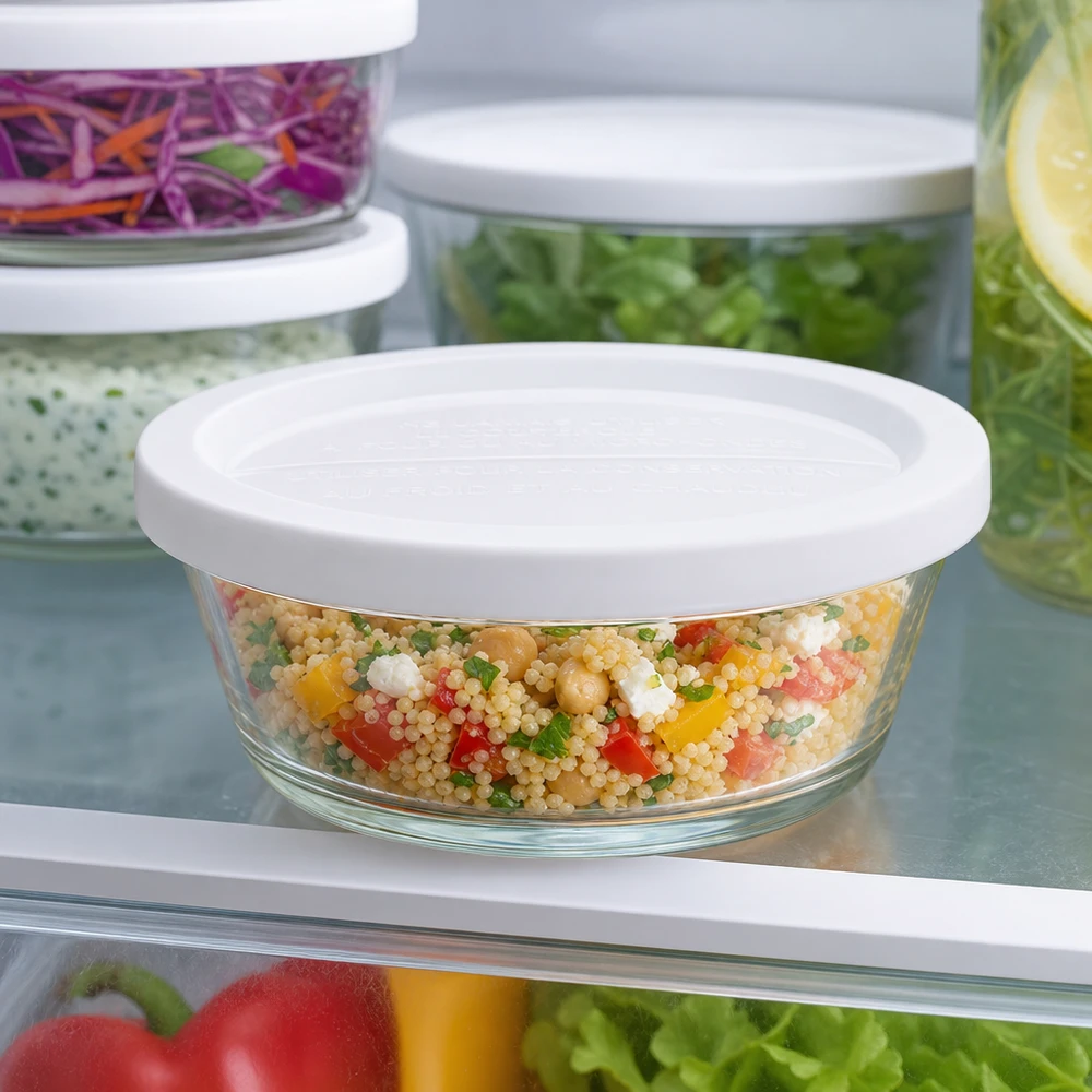 300ml Gourmetglas mit Frisched. WECK RR120 WECK RR120 Gourmetglas 300ml im Kühlschrank mit buntem Couscous-Salat gefüllt neben anderen Vorratsbehältern