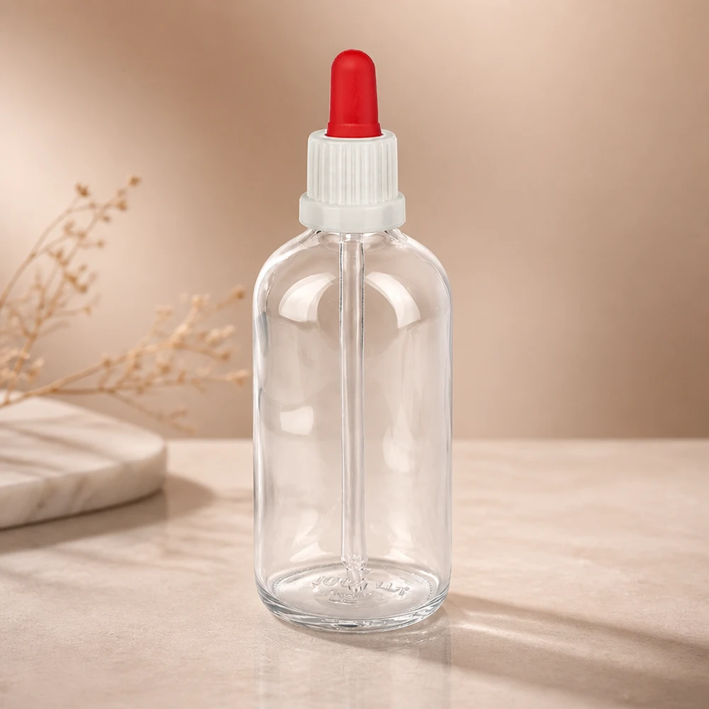 Borosilikatglas Pipettenflasche 100ml schmaler Hals UT18 weißer Verschluss roter Druckball leer