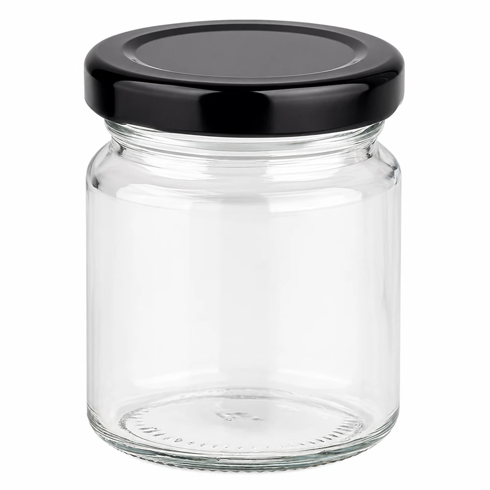 53ml Rundglas mit BasicSeal Deckel schwarz UNiTWIST 53ml Rundglas mit schwarzem BasicSeal Deckel leer auf weißem Hintergrund kleine Glasdose für Konservierung