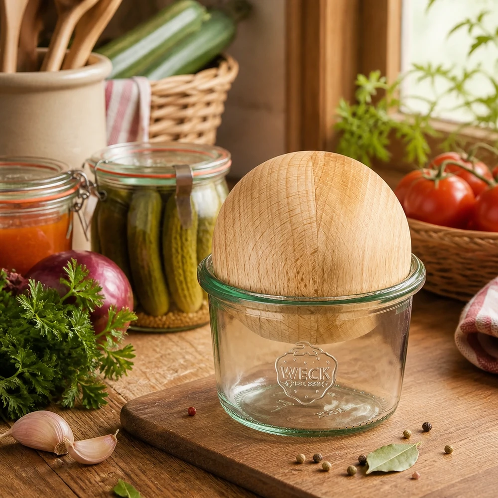 WECK Sturzglas 80ml RR60 mit Buchenholz-Deckel in rustikaler Küche neben frischen Kräutern und Einmachgläsern