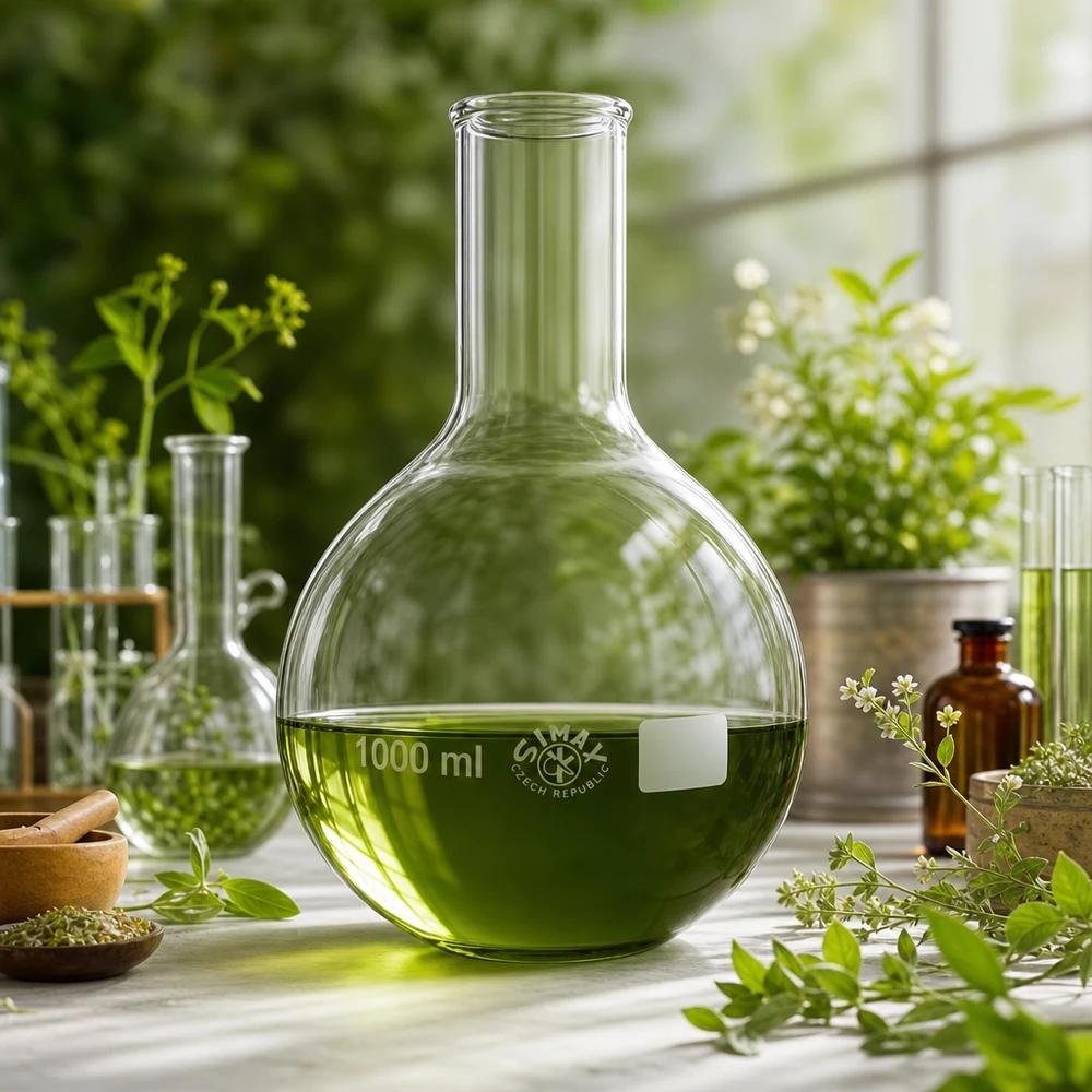 Stehkolben 1000ml Enghals 1000ml Laborkolben Enghals in botanischem Setting für natürliche Wirkstoffforschung
