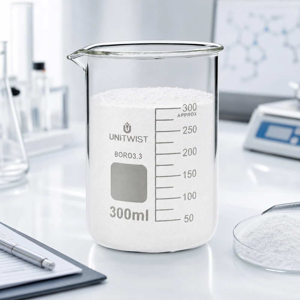 Chemielabor Becherglas 300ml mit weißem Pulver Waage und Notizbuch auf weißem Tisch