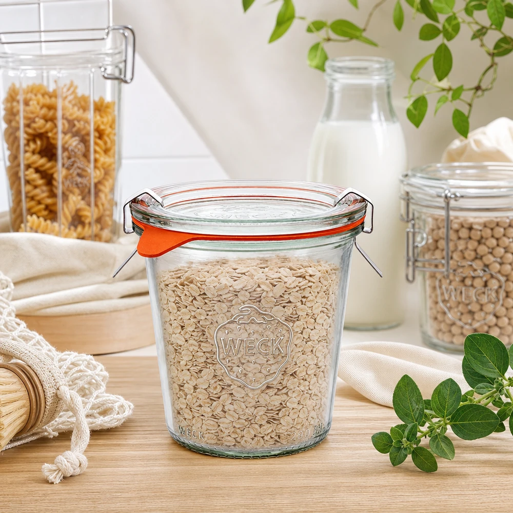 290ml Sturzglas hoch komplett WECK RR80 WECK Sturzglas 290ml RR80 mit Haferflocken gefüllt in natürlicher Küchenszene mit Holzoberfläche und grünen Pflanzen