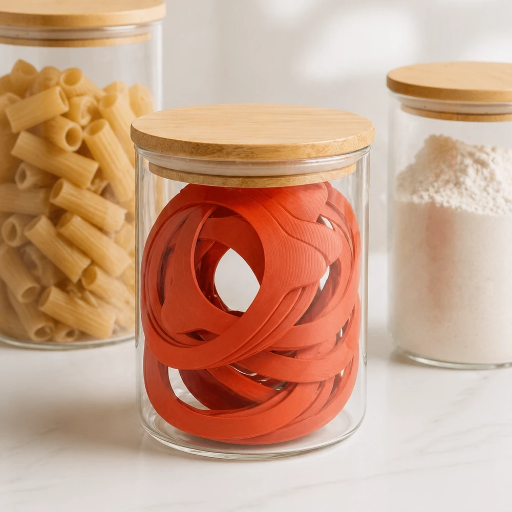 Einkochring Naturgummi RR80 Orangefarbene Einkochringe RR80 in stylischem Glasvorratsgefäß mit Holzdeckel neben Pasta und Mehl in moderner Küche