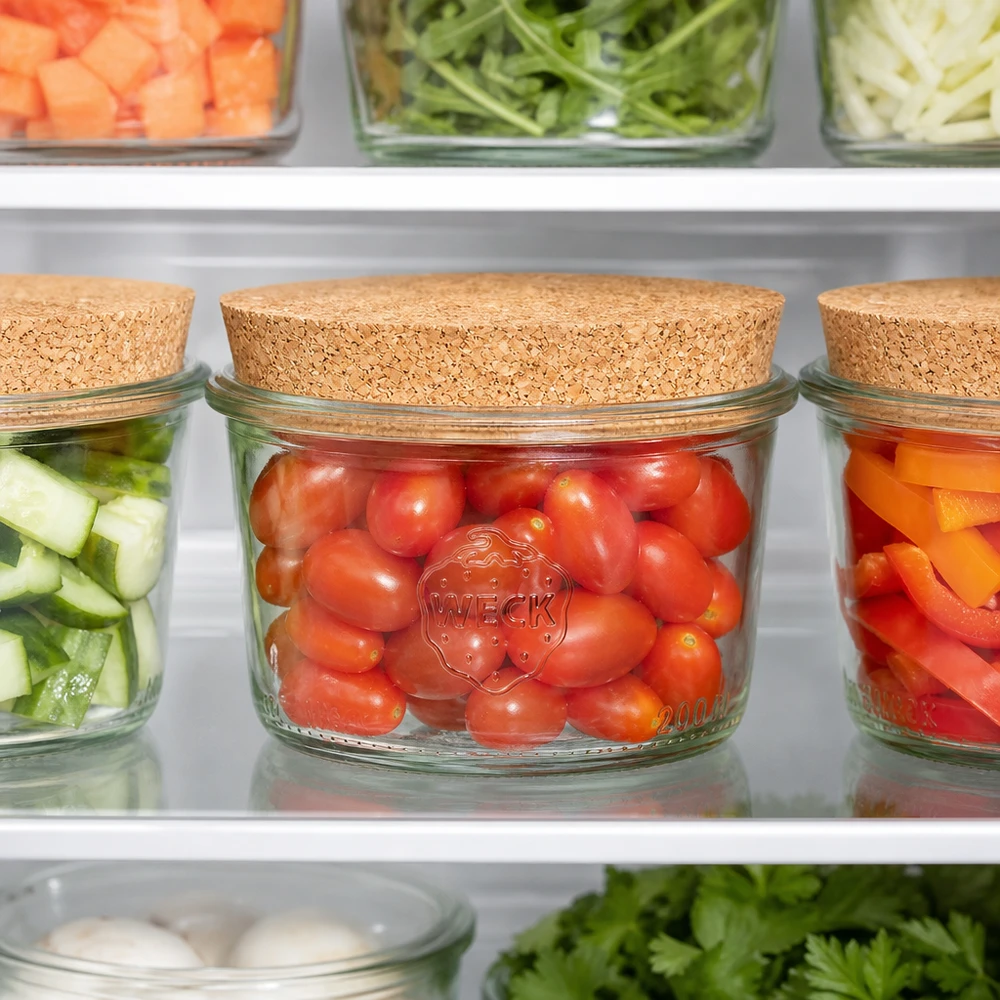 WECK Sturzglas 200ml RR80 mit Korkdeckel zur Kühlschrank Aufbewahrung von Tomaten und frischem Gemüse organisiert
