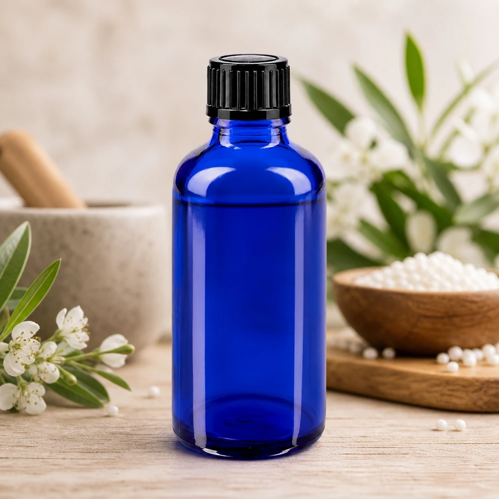 Apothekenflasche blau 50ml Tropfverschluss 1mm schwarz Standard UV-Schutz Tropfflasche 50ml Blauglas mit schwarzem Deckel für lichtempfindliche Substanzen