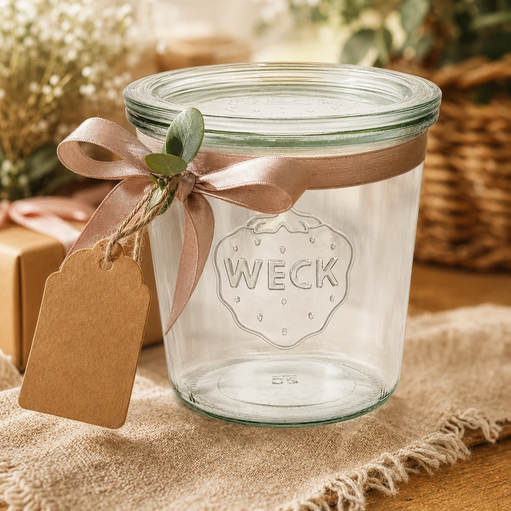 580ml Sturzglas mit Glasdeckel WECK RR100 WECK Sturzglas 580ml RR100 dekoriert mit brauner Schleife und Geschenkanhänger als Geschenkverpackung Idee