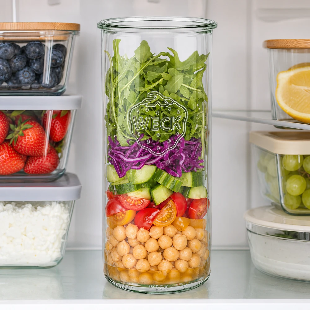 1500ml Sturzglas WECK RR100 WECK RR100 Sturzglas 1500ml mit geschichtetem Salat aus Kichererbsen, Gemüse und Blattgrün in weißer Küche