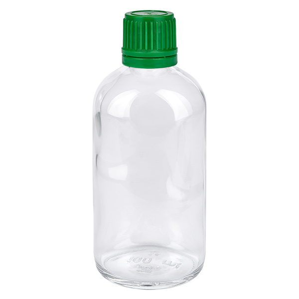 100ml Flasche 11mm Schraubverschluss grün Originalitätsverschluss ClearLine UT18/100 Pharmaflasche 100ml Klarglas grüner Verschluss 11mm ClearLine für Fluessigkeiten