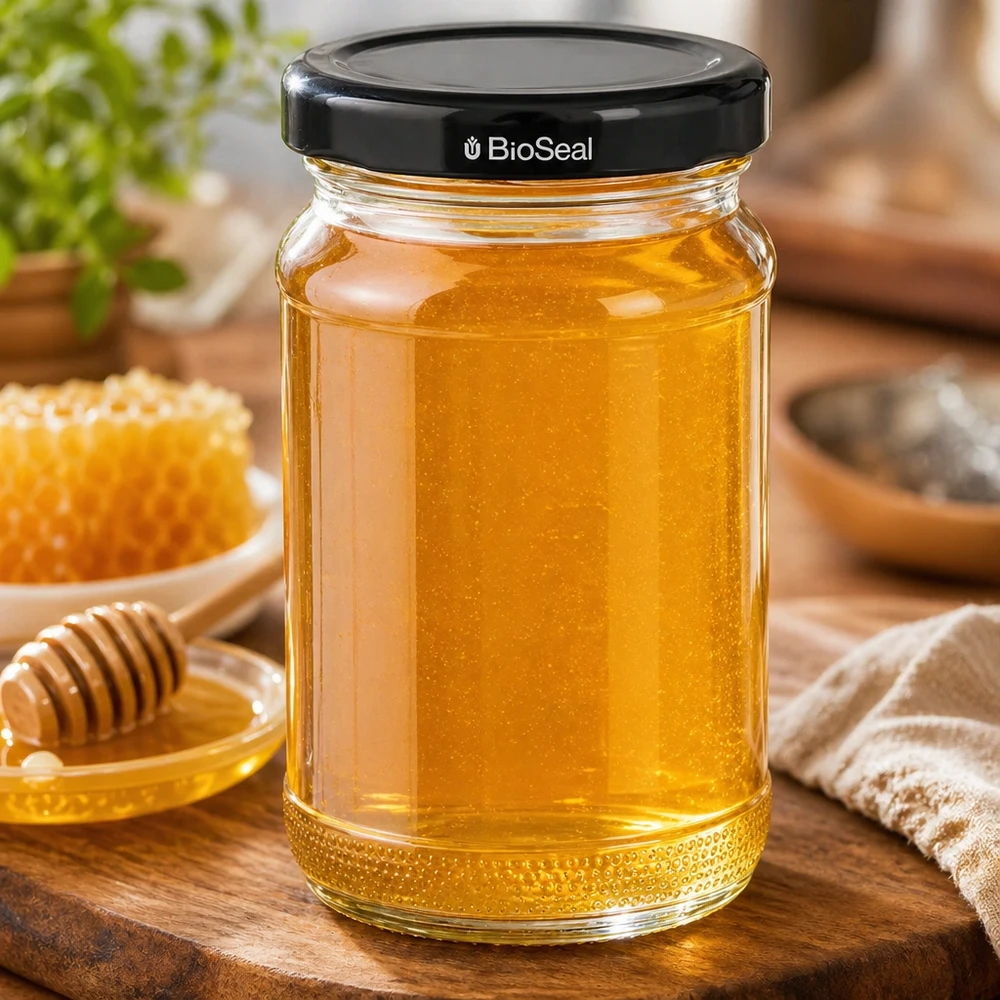 110ml Rundglas + BioSeal Deckel schwarz UNiTWIST UNiTWIST Runda110 mit goldenem Honig gefüllt - schwarzer TO48 BioSeal Deckel - Honigglas mit Holzlöffel und Wabe