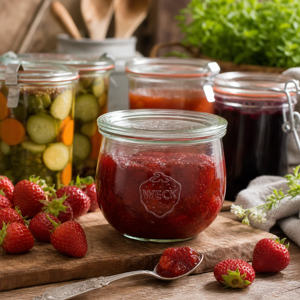 580ml Tulpenglas mit Glasdeckel WECK RR100 WECK Tulpenglas 580ml RR100 mit Erdbeermarmelade befüllt neben frischen Erdbeeren und eingelegtem Gemüse auf Holzbrett