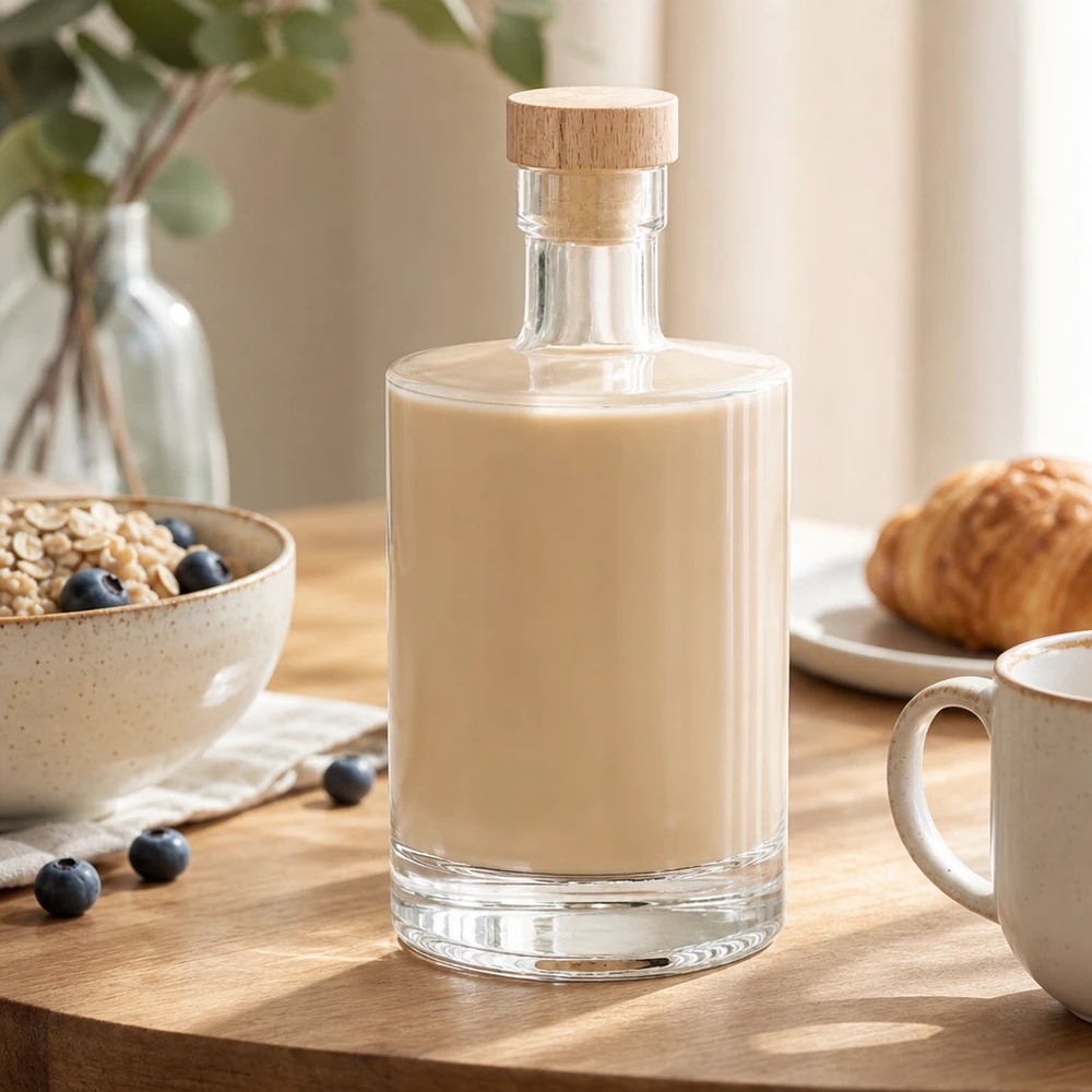 500ml Glasflasche Marie mit cremigem Likör gefüllt - Holzkorken UNiTWIST - Frühstückstisch Szenerie mit Müsli