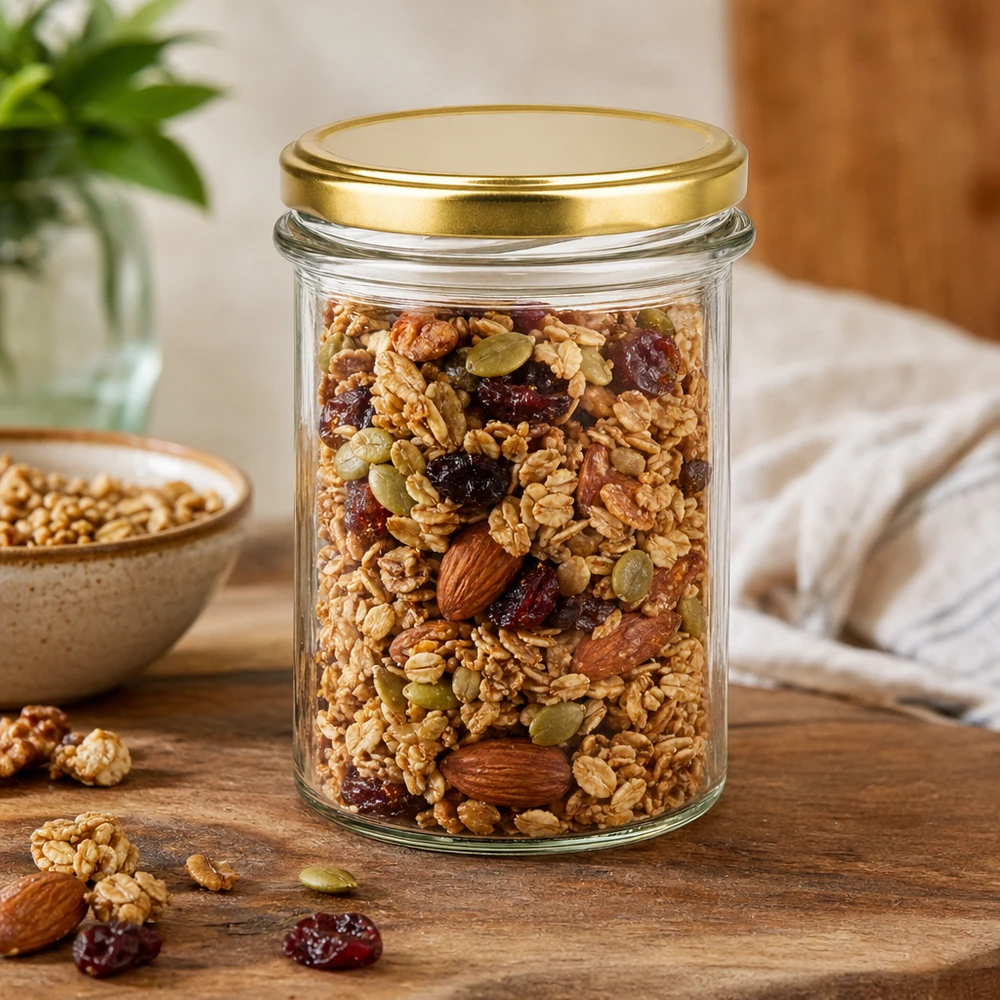 230ml Sturzglas mit BasicSeal Deckel gold UNiTWIST 230ml Sturzglas BasicSeal Deckel gold gefüllt mit Müsli Nüssen Trockenfrüchten zur Aufbewahrung auf Holztisch
