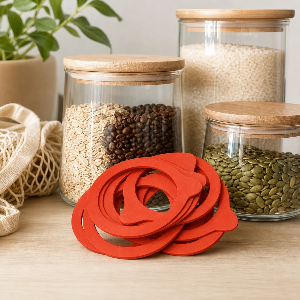 Einkochring Naturgummi RR80 Einkochring RR80 Naturgummi rot in moderner Vorratsküche mit Vorratsgläsern Reis Kaffee Samen Mesh-Beutel
