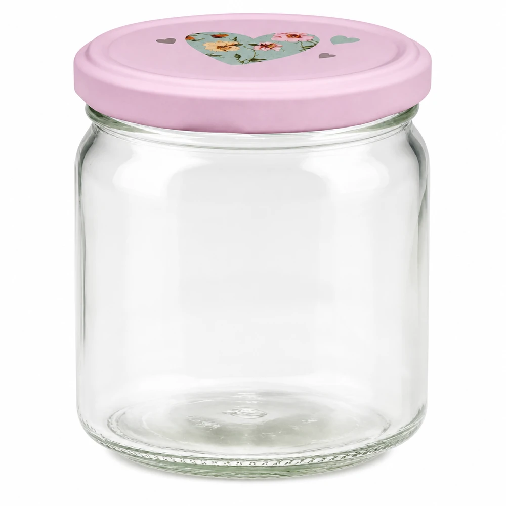 408ml Rundglas + BasicSeal Deckel Herz rosa UNiTWIST 408ml Rundglas mit rosa BasicSeal Deckel und Herz-Motiv, leeres Einmachglas für Küche und Vorratshaltung