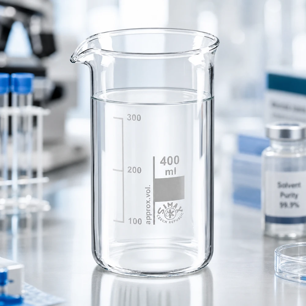 Schlankes Becherglas 400ml hohe Form aus Borosilikatglas mit Standboden im Laborumfeld