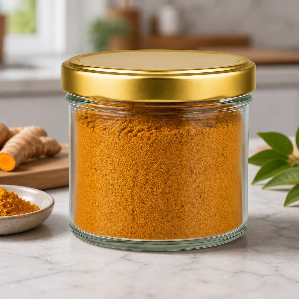 230ml Zylinderglas + BasicSeal Deckel gold UT 230ml Zylinderglas mit goldenem BasicSeal Deckel gefüllt mit Kurkumapulver Gewürzglas Küchenambiente