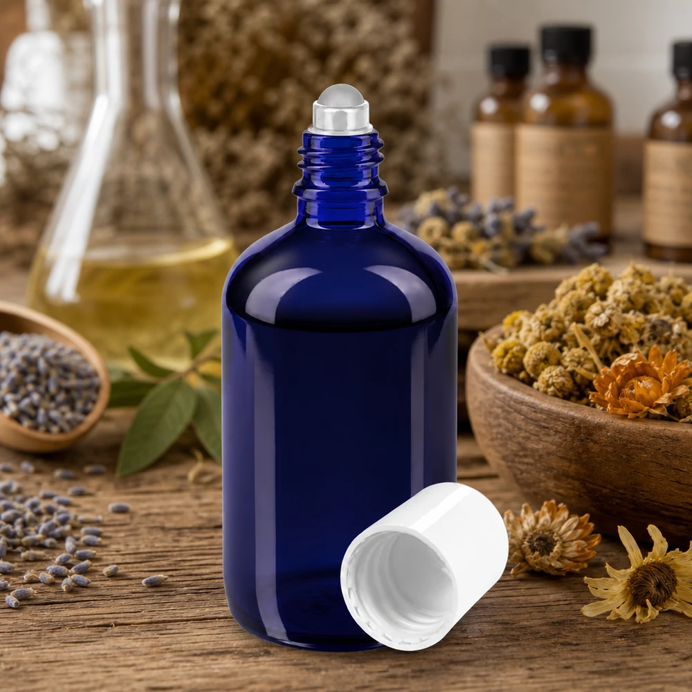 Apothekenflasche blau 100ml Roll-On Verschluss weiß Blaue Lichtschutzglasflasche 100ml mit Rollkugel ideal für Öle Parfüms und Tinkturen