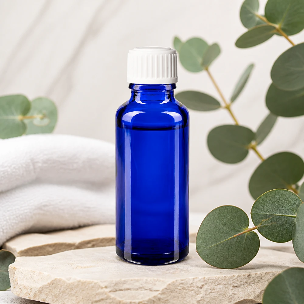 Apothekenflasche blau 30ml Schraubverschluss weiß Standard Blaue Glasflasche 30ml mit weißem Kunststoffdeckel für medizinische Flüssigkeiten