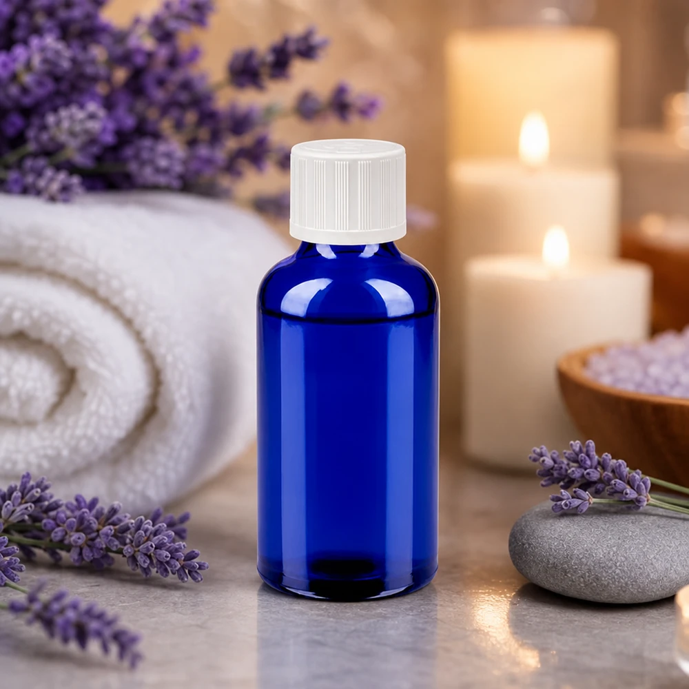Kleine blaue Glasflasche 50ml mit sicherem Verschluss für Reise und unterwegs