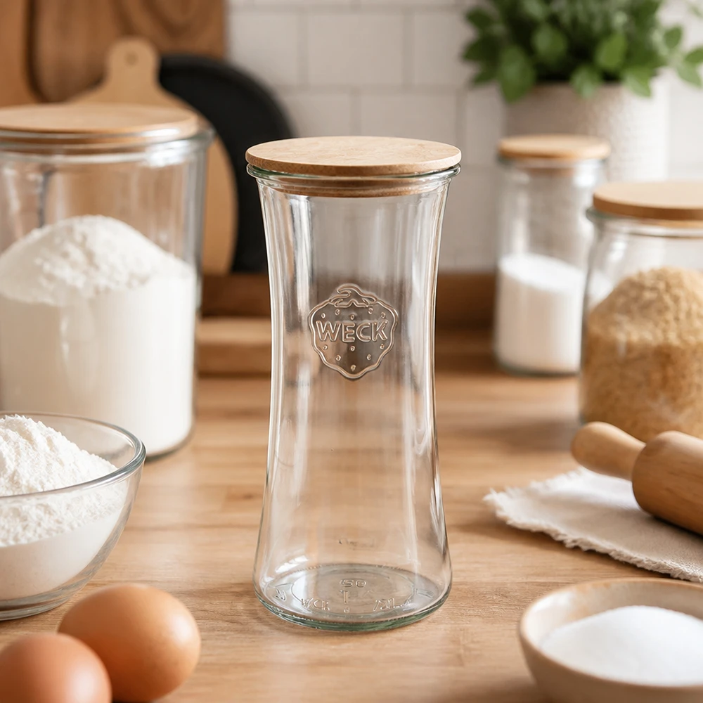 700ml Delikatessenglas WECK RR80 mit Holzdeckel WECK Delikatessenglas 700ml RR80 leer mit Bambusdeckel in Küche umgeben von Backzutaten Mehl Eiern Vorratsdosen