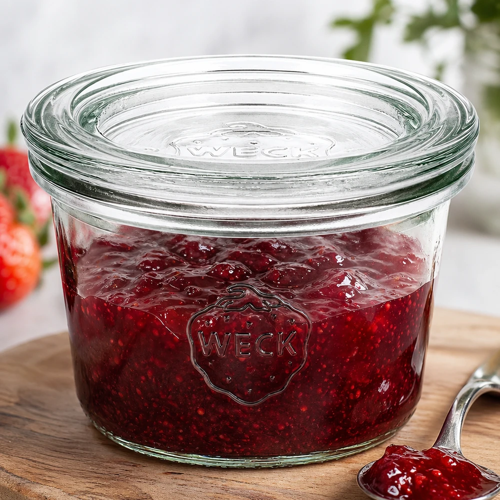 80ml Sturzglas mit Glasdeckel WECK RR60 WECK Sturzglas 80ml RR60 mit roter Erdbeermarmelade gefüllt zeigt praktische Nutzung zum Einkochen von Konfitüre