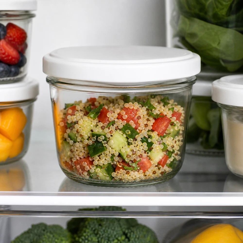 230ml Sturzglas mit BasicSeal Deckel weiß UNiTWIST 230ml Sturzglas mit Quinoa-Salat im Kühlschrank - praktische Meal Prep Aufbewahrung für gesunde Mahlzeiten