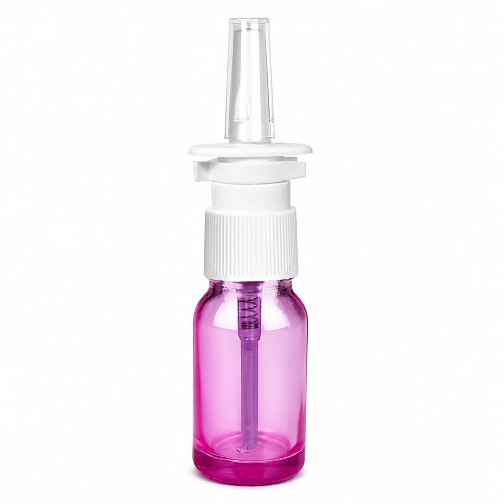 10ml Nasensprayflasche weiß/transparent Standard PurpleLine. UT18/10 Handliche 10ml Sprayflasche violett-transparent für Nasenspray-Anwendungen