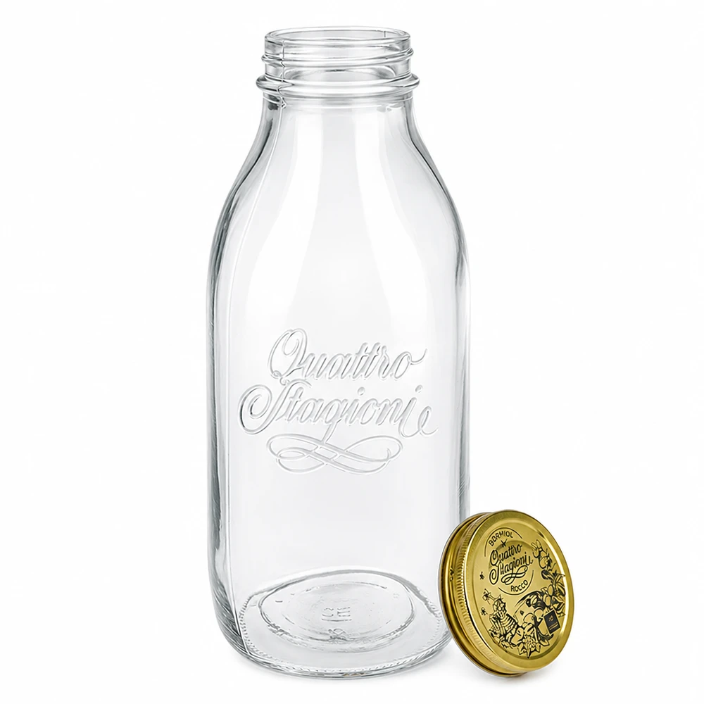 1000ml Glasflasche "Quattro Stagioni" mit Deckel Quattro Stagioni Glasflasche 1000ml mit abnehmbarem goldenem Deckel, geprägte Schrift, klassisches Milchflaschen Design